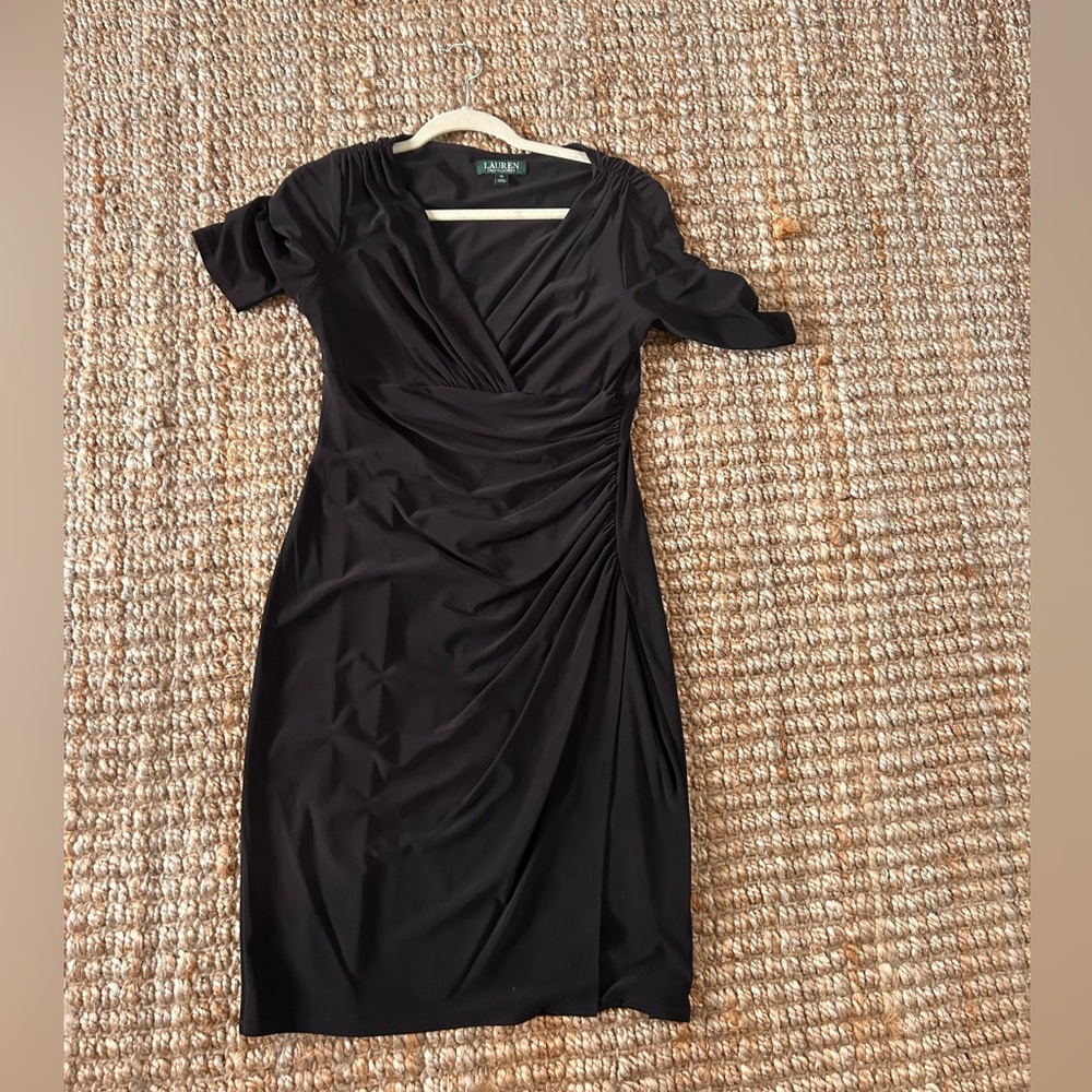 Lauren Ralph Lauren Black V-Neck Ruched Midi Dress
